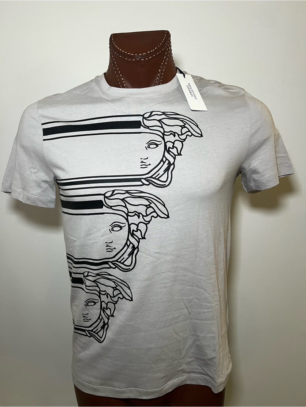 Versace White Short-Sleeve Tee with Black Medusa Stripe Graphic